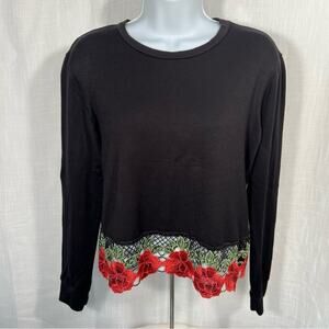 Dirtee Laundry Black‎ Embroidered Flower Hem Crop Top Sz M